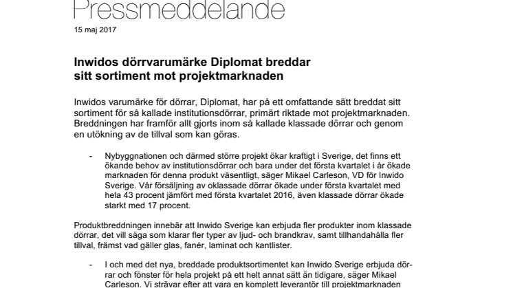 Inwidos dörrvarumärke Diplomat breddar sitt sortiment mot projektmarknaden