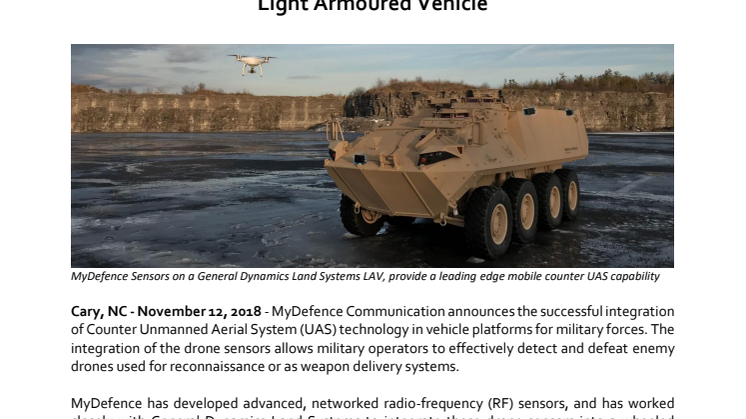 MyDefence Successfully Integrates Counter UAS Sensors in Light Armoured Vehicle