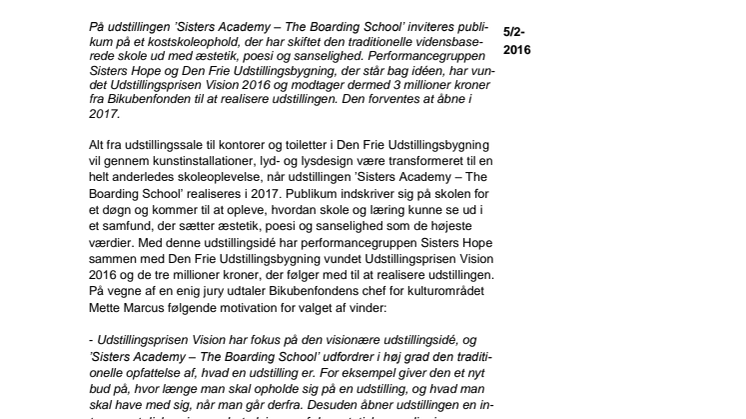 Vinder af Udstillingsprisen Vision 2016 vil omdanne Den Frie Udstillingsbygning til sanselig kostskole