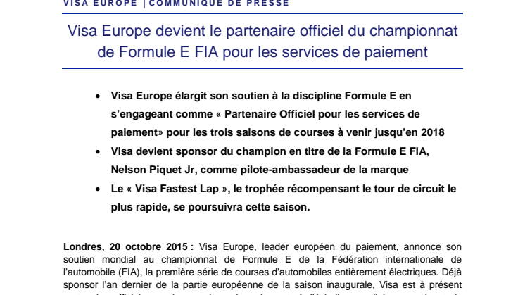 Visa Europe devient le partenaire officiel du championnat de Formule E FIA pour les services de paiement