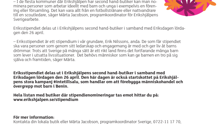 Eriksstipendiet - nominera eldsjälar som ger liv åt barns drömmar