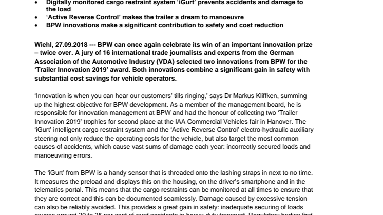 Safer loading, more flexible manoeuvres: BPW receives two ‘Trailer Innovation 2019’ awards 