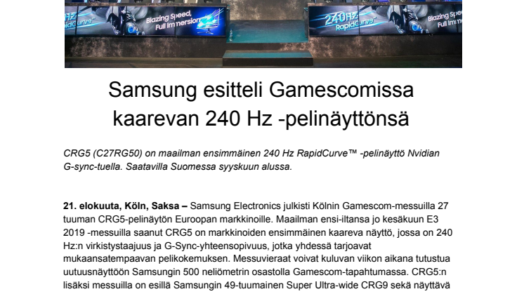 Samsung esitteli Gamescomissa kaarevan 240 Hz -pelinäyttönsä