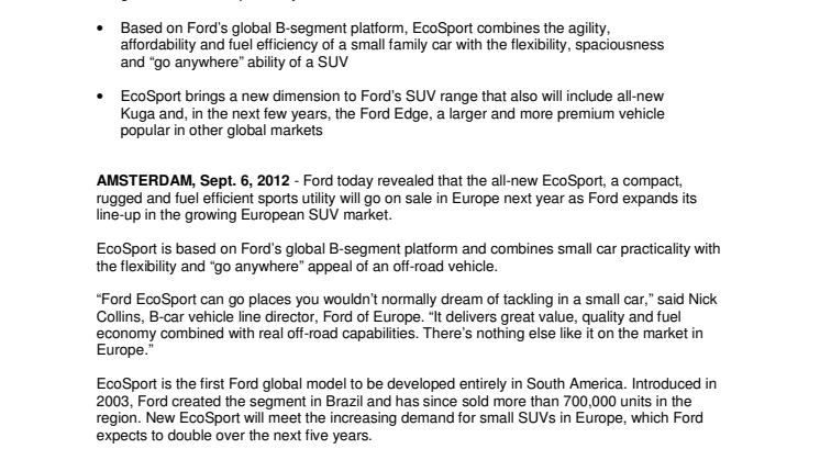 Ford to Introduce All-New EcoSport in Europe; SUV Delivers Small Car Practicality and Off-Road Ability