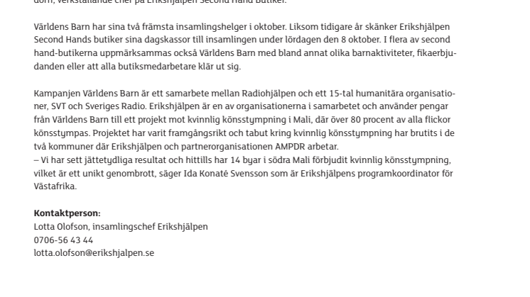 Second Hand-butiker ger dagskassor till Världens Barn