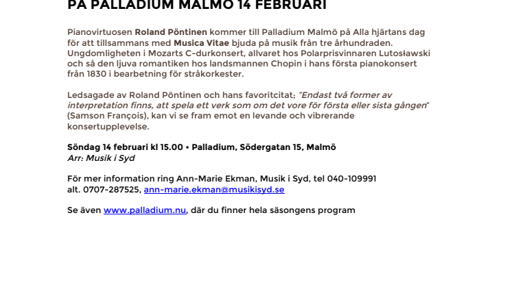 Roland Pöntinen & Musica Vitae – Stora känslor med stråkar & flygel – på Palladium Malmö 14 februari
