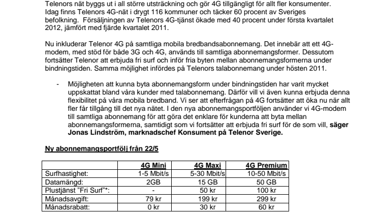 4G blir ny standard i alla mobila bredband hos Telenor