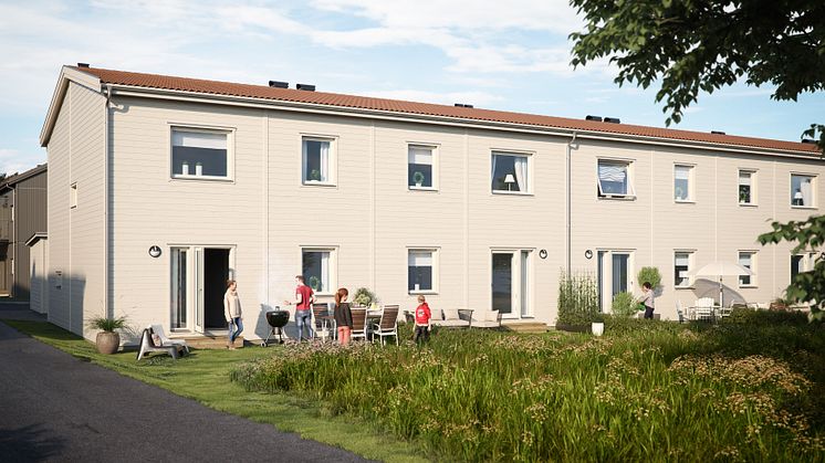 Illustration av trädgårdssida med grästäppor, BoKlok Hörnan i Bålsta.