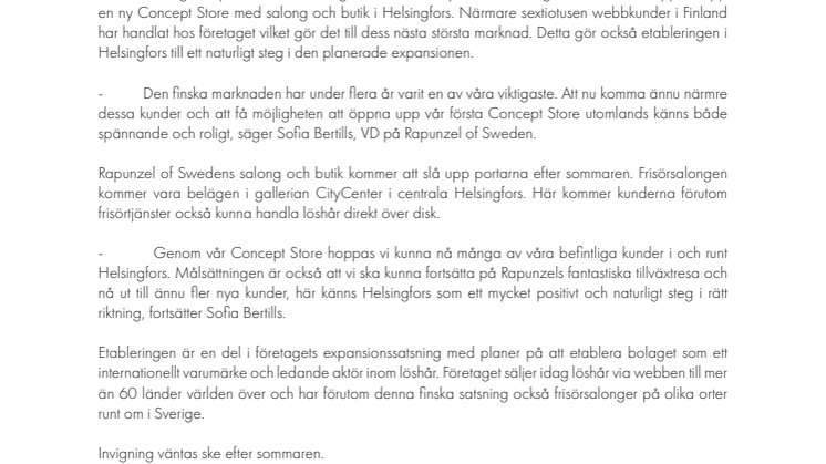 Rapunzel of Sweden öppnar i Helsingfors