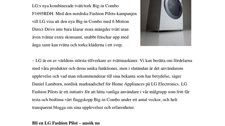 BLI EN FASHION PILOT OCH TESTA LG ELECTRONICS NYA KOMBINERADE TVÄTT/TORK