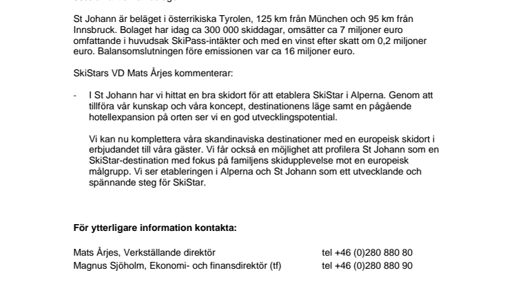 SkiStar blir majoritetsägare i den österrikiska skidanläggningen St Johann