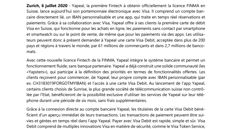 YAPEAL LANCE LA PREMIÈRE VISA DEBIT EN SUISSE