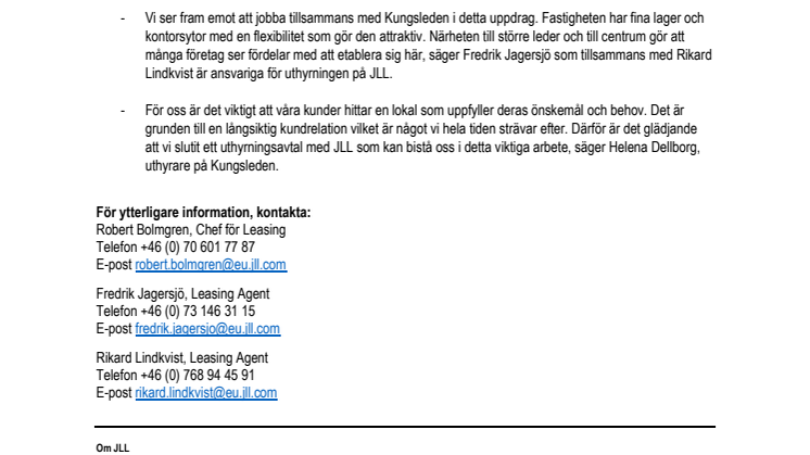Kungsleden anlitar JLL i uthyrningsuppdrag för etablering på Exportgatan i Göteborg