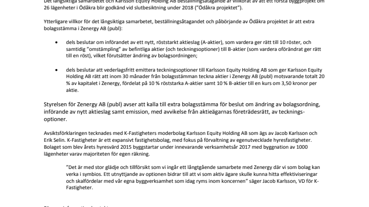 Zenergy tecknar avsiktsförklaring med K-Fastigheter gällande ZIP-Bostäder värt 700 MSEK