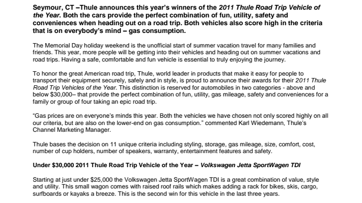 Thule Announces Volkswagen Jetta SportWagen TDI and Ford Explorer Limited, 2011 Road Trip Vehicles of the Year