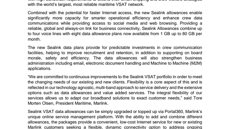 Marlink: Marlink doubles throughput speeds with new Sealink VSAT data allowance packages