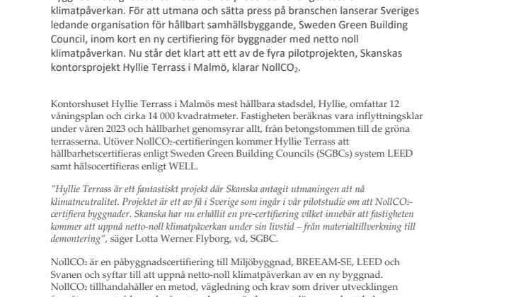 Skanskas Hyllie Terrass i Malmö klarar branschens tuffaste hållbarhetscertifiering: nya NollCO2 
