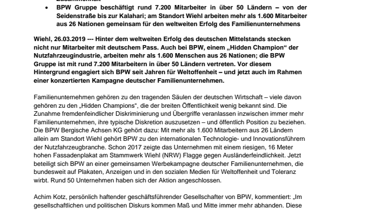 BPW unterstützt Initiative deutscher Familienunternehmen für Toleranz und Weltoffenheit