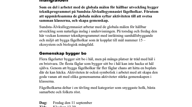 Pressinbjudan: Fågelholkar för ekosystemet och den biologiska mångfalden