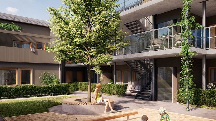 Brf Elins Trädgårdar - 3D-bild av innergård, hiss, trappor och loftgång. 