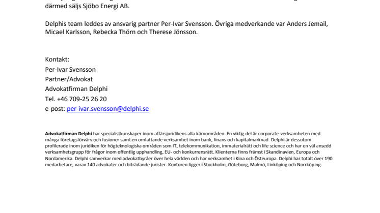 Delphi rådgivare till Sjöbo kommun när Bixia blir ny ägare till Sjöbo Energi AB