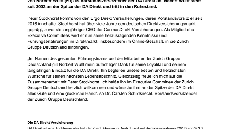 Peter Stockhorst übernimmt Vorstandsvorsitz der DA Direkt
