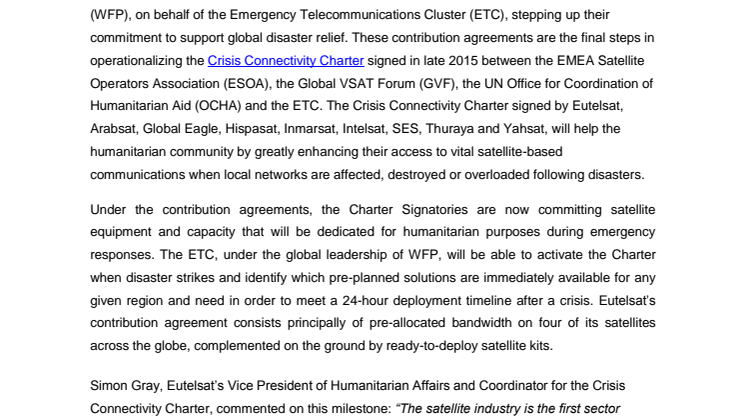 Satellite industry to enter operational phase of Crisis Connectivity Charter for support of global disaster relief
