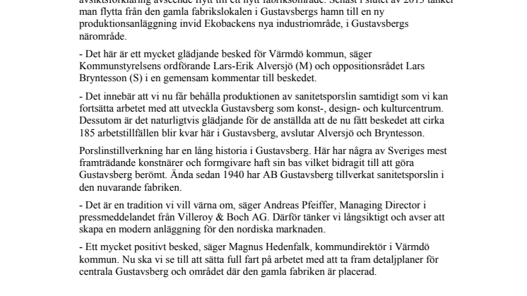 Besked idag: Villeroy & Boch bygger ny fabrik i Gustavsberg