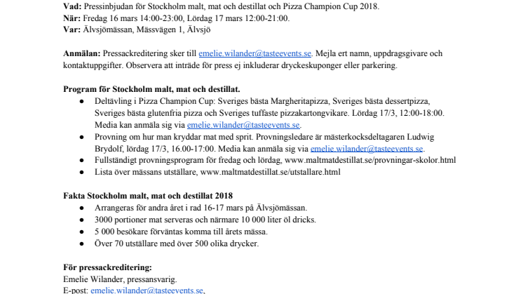 Pressinbjudan: Stockholm malt, mat & destillat och Pizza Champion Cup 2018