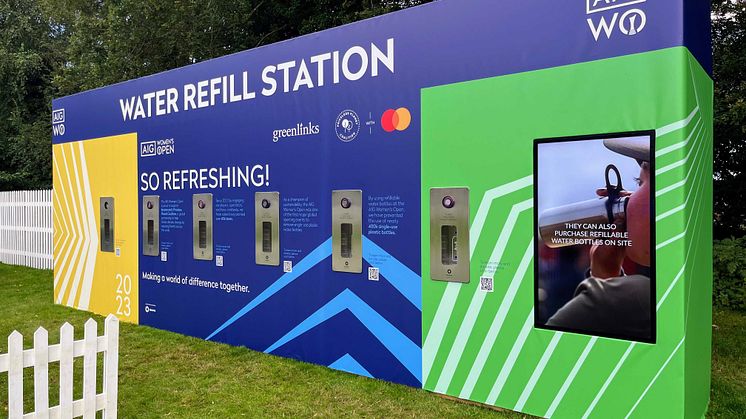 The Bluewater 'Wall of Water' with digital signage screen and five bottle refill dispensers at the 2023 AIG Women's Open, Walton Heath, Surrey, England
