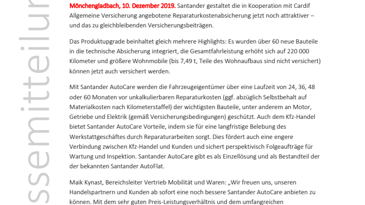 Santander Reparaturkostenversicherung -- AutoCare jetzt noch besser