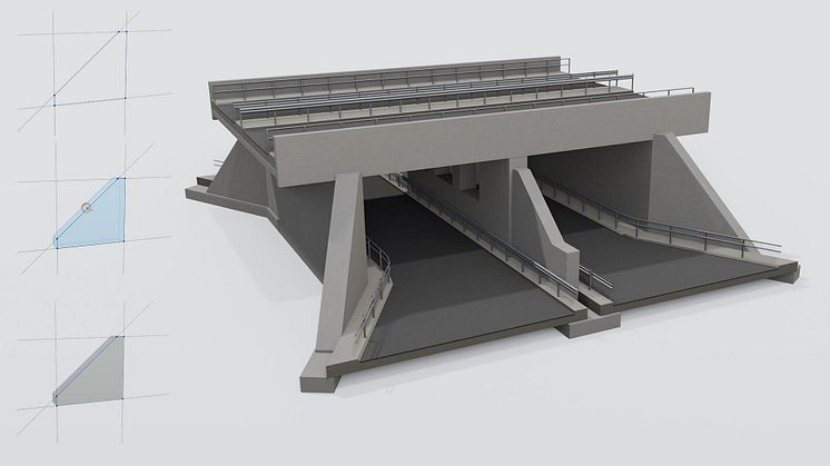 Allplan Bridge 2023 představuje novou metodu modelování s volným parametrickým modelováním. Umožňuje parametrické modelování celého mostu nebo jeho dílčích prvků volně ve 3D prostoru. Autorská práva: ALLPLAN.