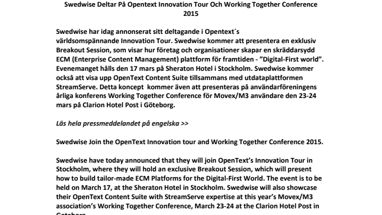 Swedwise Deltar På Opentext Innovation Tour Och Working Together Conference 2015