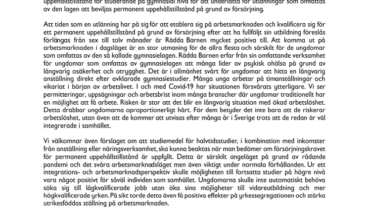Rädda Barnens yttrande över kompletterande regler för uppehållstillstånd vid gymnasiestudier.pdf