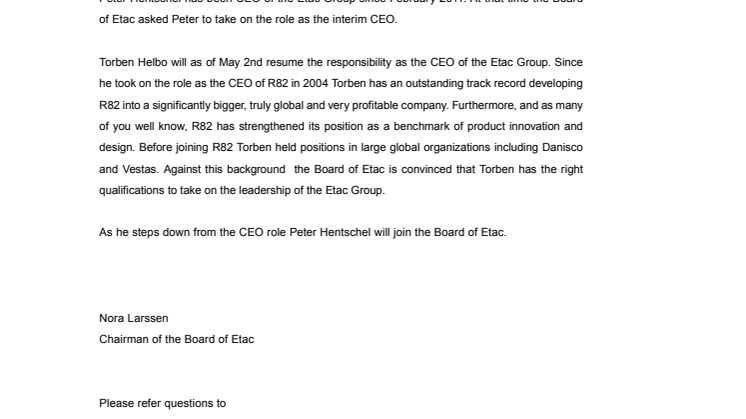 Change of leadership in the Etac Group