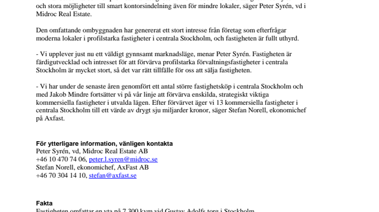 Midroc och Axfast genomför fastighetsaffär i Stockholm
