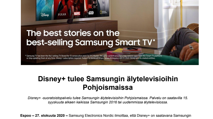 Disney+ tulee Samsungin älytelevisioihin Pohjoismaissa