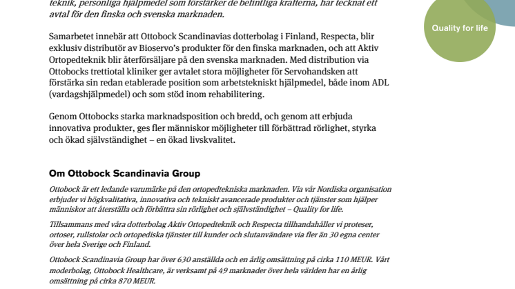 Ottobock Scandinavia Group tecknar avtal med Bioservo Technologies
