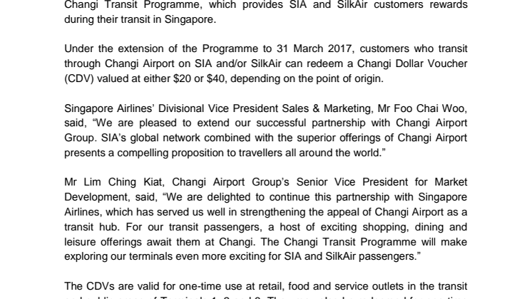 Singapore Airlines and Changi Airport Group extend Changi Transit Programme Partnership