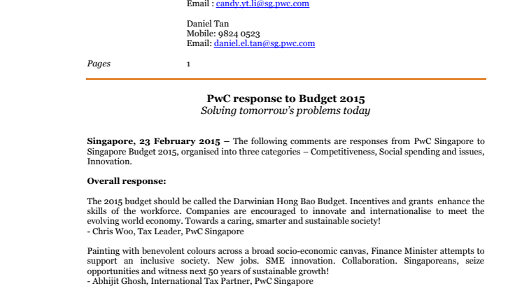 PwC response to Budget 2015 - Solving tomorrow's problems today