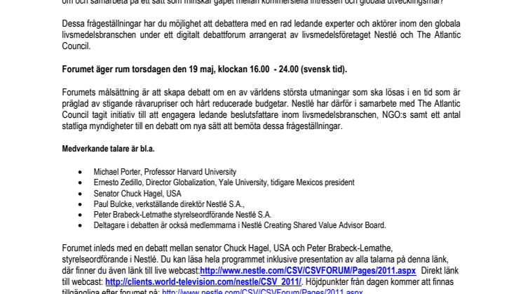 Välkommen att delta i webcast om världens största utmaningar: nutrition, vatten, svält och övervikt 