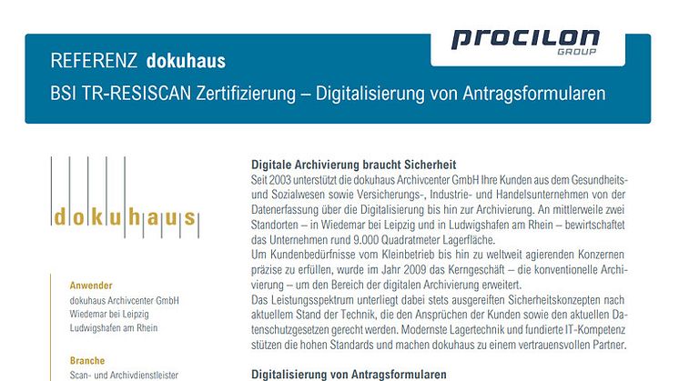 procilon Referenzblatt | dokuhaus Archivcenter GmbH - BSI TR-RESISCAN Zertifizierung - Digitalisierung von Antragsformularen