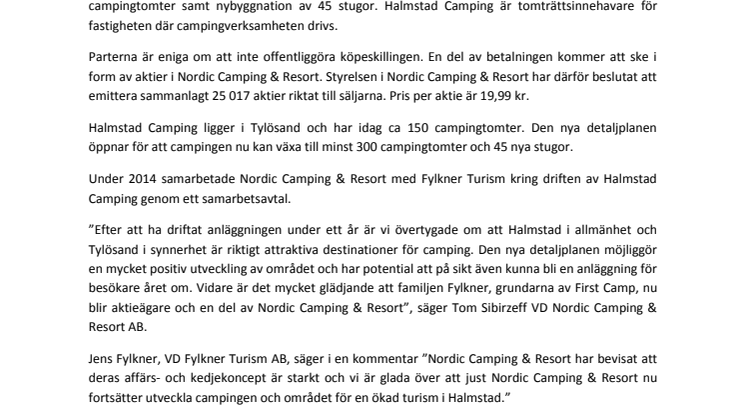 Nordic Camping & Resort AB förvärvar Halmstad Camping i Tylösand