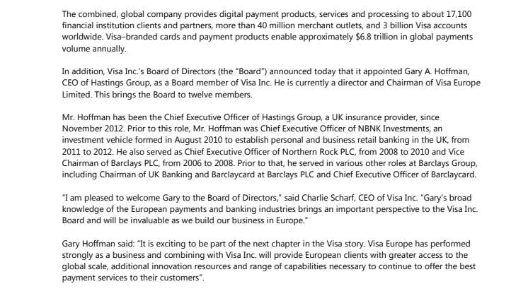 Visa Inc. Completes Acquisition of Visa Europe