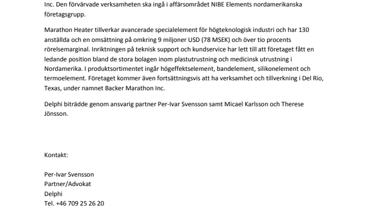 Delphi rådgivare när Nibe Industrier AB (publ) tecknat avtal om att förvärva verksamheten i Marathon Heater Inc