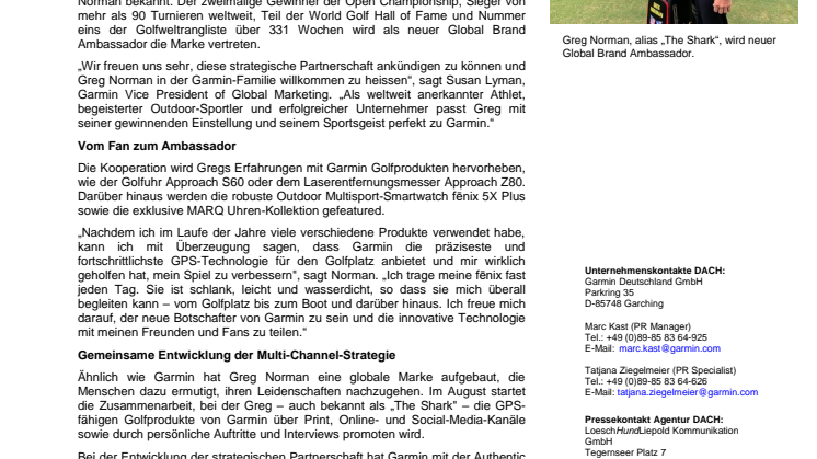Garmin macht Greg Norman zum Global Brand Ambassador 