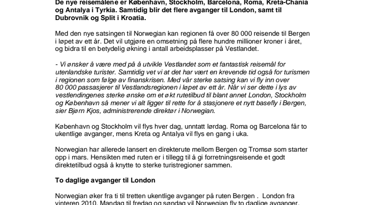 Norwegian satser sterkt på Vestlandet – seks nye direkteruter fra Bergen 