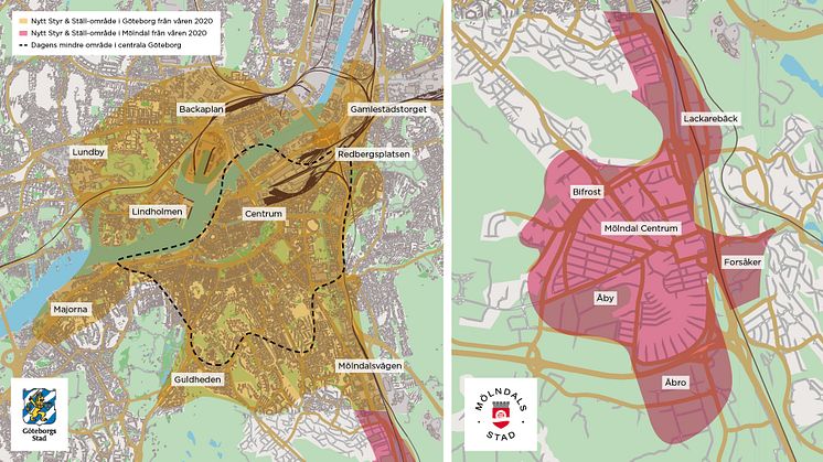 Kartan visar var nästa generation av lånecykelsystemet Styr & Ställ kommer att finnas i Göteborg och Mölndal från  våren 2020. Karta: Göteborgs Stad