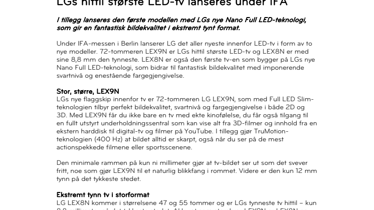 LGs hittil største LED-tv lanseres under IFA 