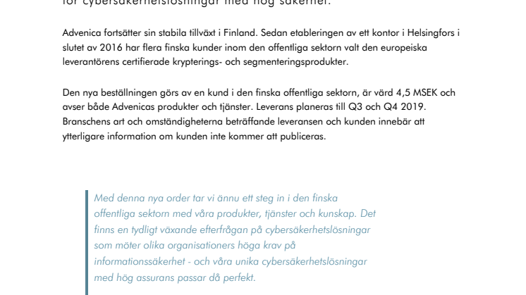 Finsk order värd 4,5 MSEK för Advenica